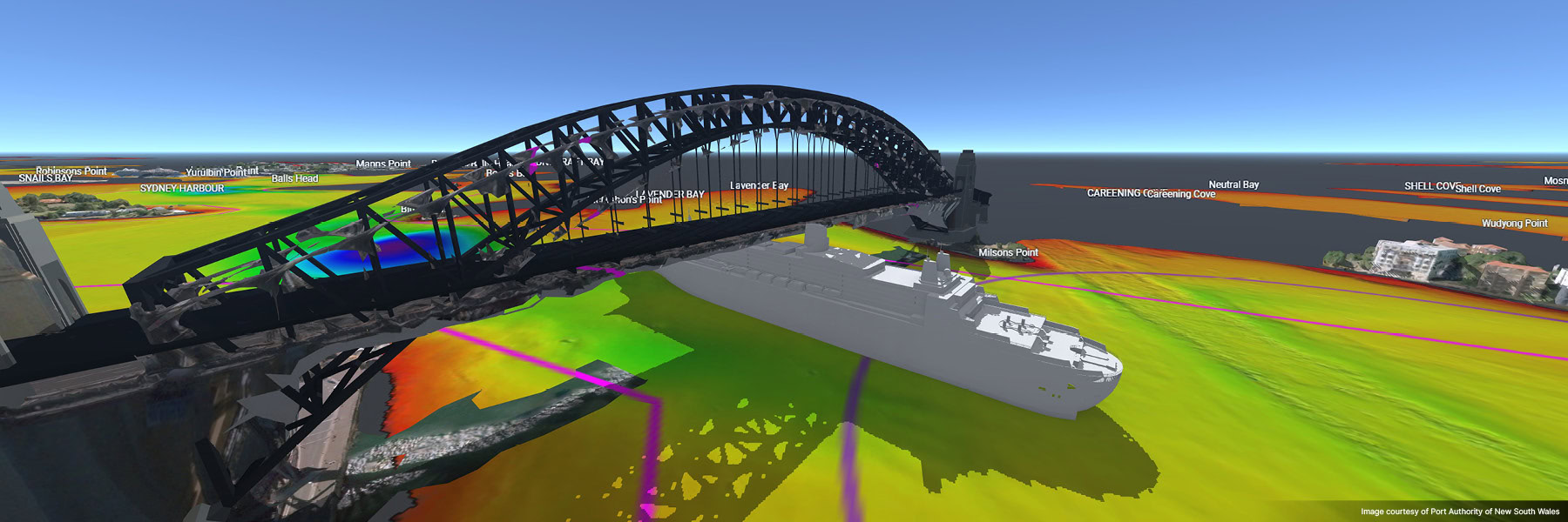 Digital rendering of a large ship passing under a detailed steel arch bridge, with color-coded depth zones and labeled geographic points in the background.