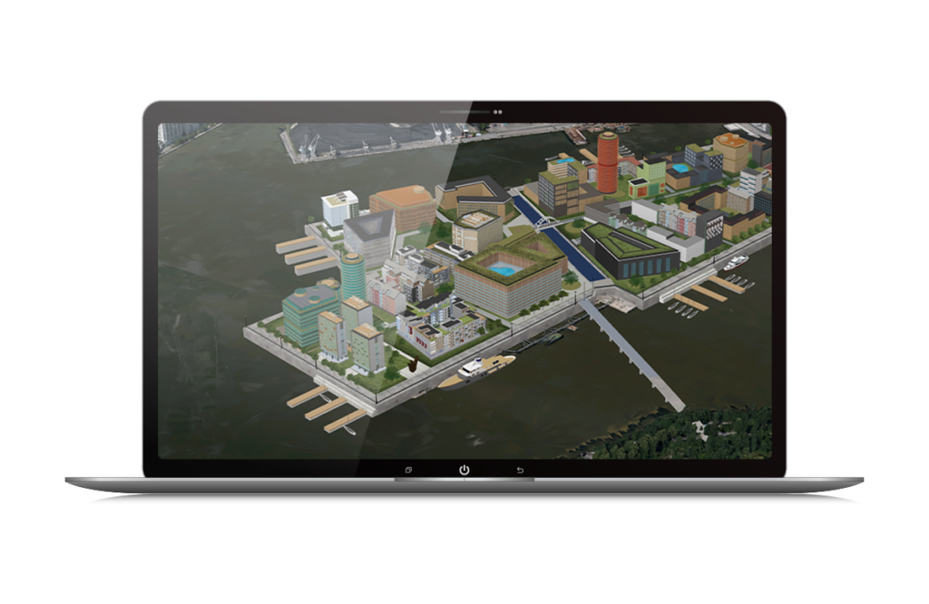 un renderizado en 3d de Helsinki realizado con iTwin Experience dentro de la pantalla de un ordenador