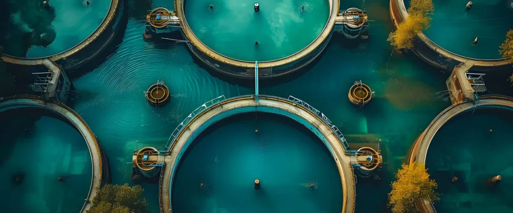 Aerial view of multiple circular water treatment tanks with walkways and surrounding greenery.