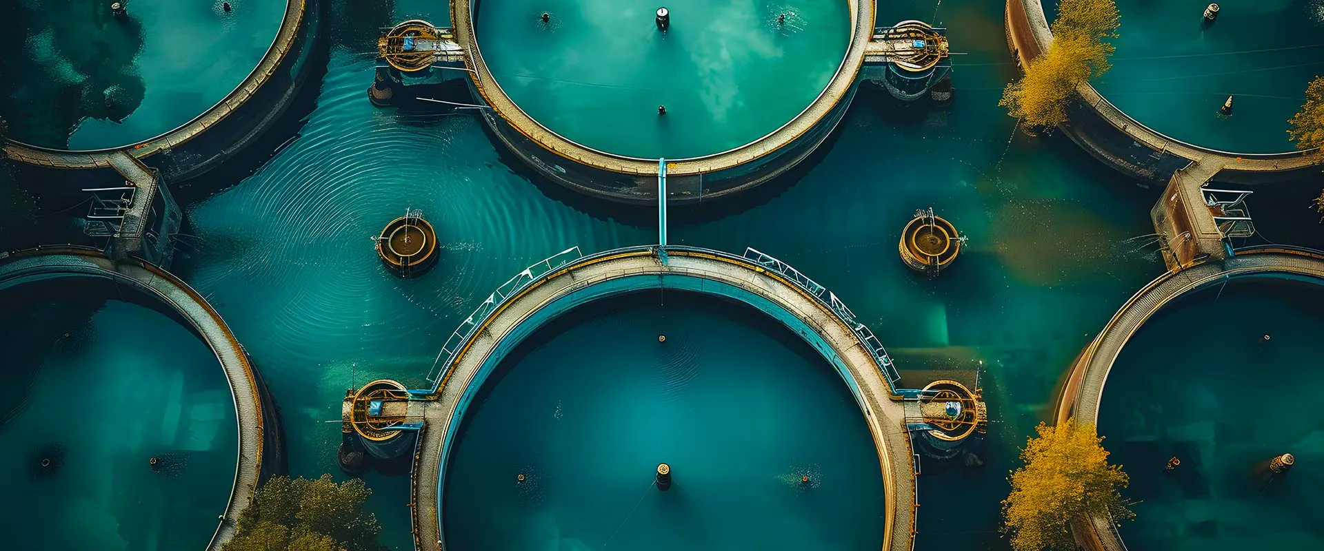 Aerial view of multiple circular water treatment tanks with walkways and surrounding greenery.