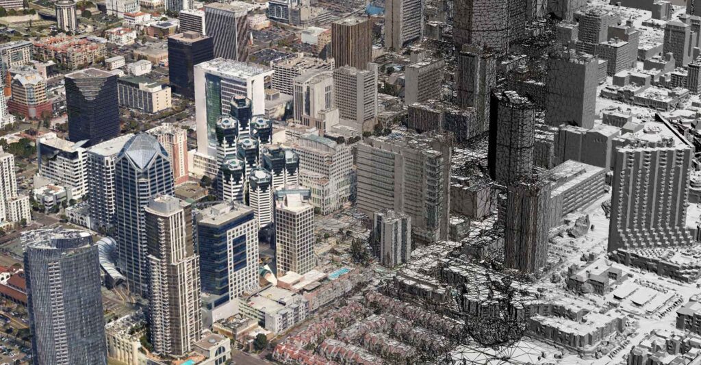 Aerial view of a city with high-rise buildings, half in detailed color and half in wireframe and grayscale, showcasing a transition from digital to architectural visualization.
