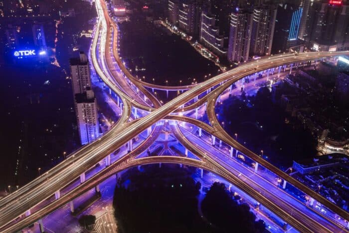 aerial view of highway road network at night