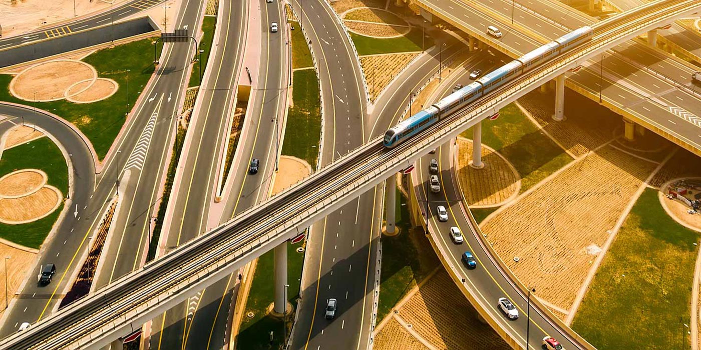 aerial view of rails, roads and highways network