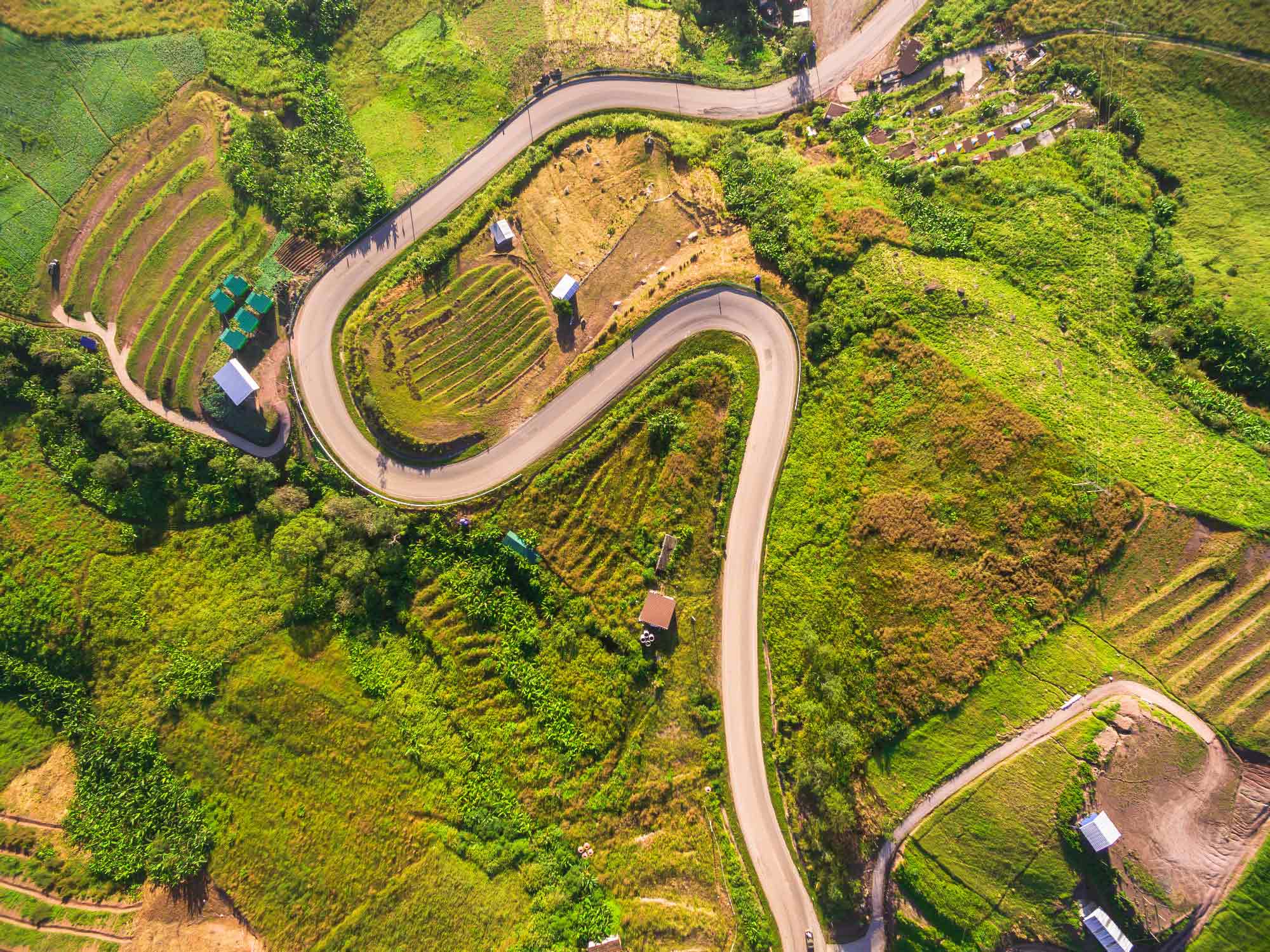 aerial view of road turning through farm lands