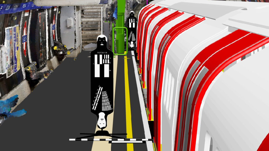 A rendering of a train with people on it.