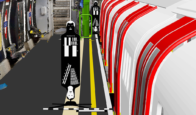 A red and white 3D rendering of a train station for the Deep Tube Upgrade Program