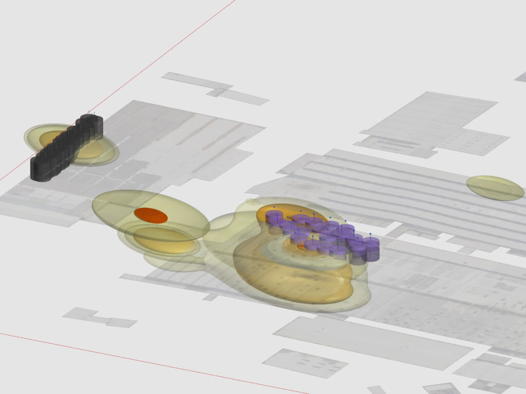 A 3D model of a city with a lot of different objects.