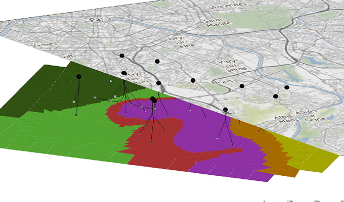 Um modelo da bacia de Paris com diferentes áreas coloridas.