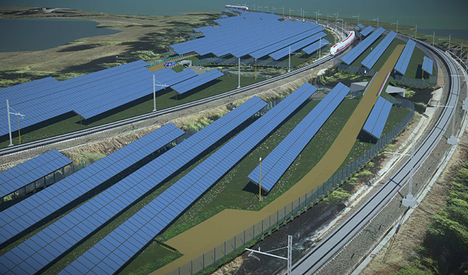 A 3D rendering of solar panels by a train track.