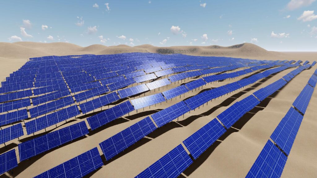 A 3d image of a solar field in the desert.