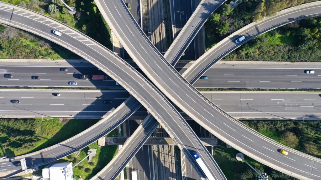 An aerial view of a highway intersection featuring sales revenue from an elevated perspective.