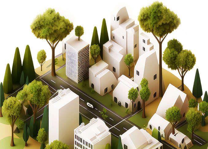 ilustración de pueblo sostenible isométrico con árboles, aislado en un fondo blanco