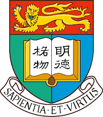 The University of Hong Kong crest featuring a yellow lion, an open book with Chinese characters, and a Latin motto "Sapientia Et Virtus" on a banner below.