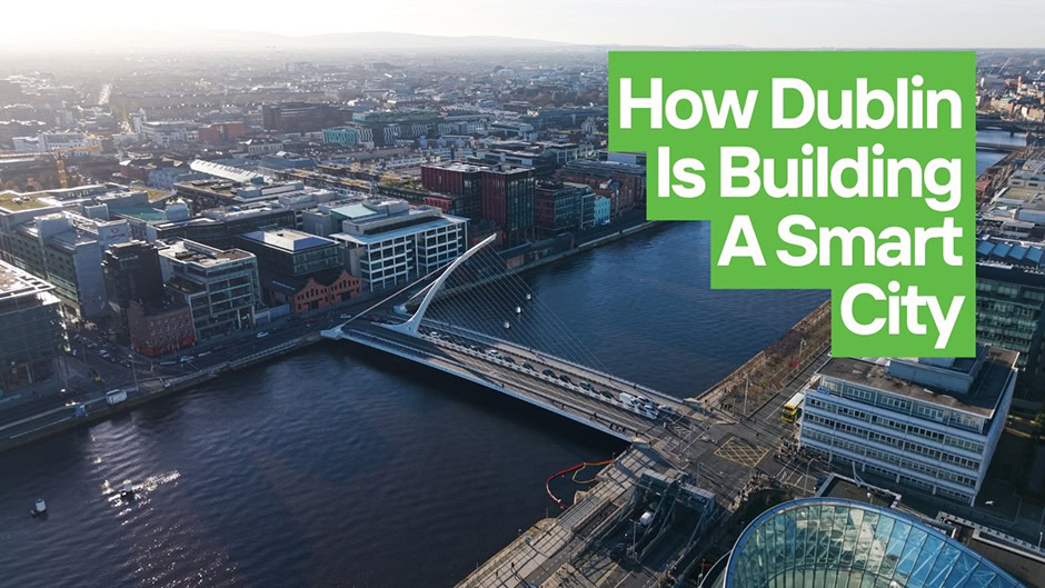 Aerial view of Dublin city with the Samuel Beckett Bridge over the river, and text overlay reading "How Dublin Is Using Digital Twins to Build a Smarter City.