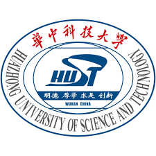 Logo of Huazhong University of Science and Technology, featuring Chinese and English text, and a stylized blue emblem in the center.