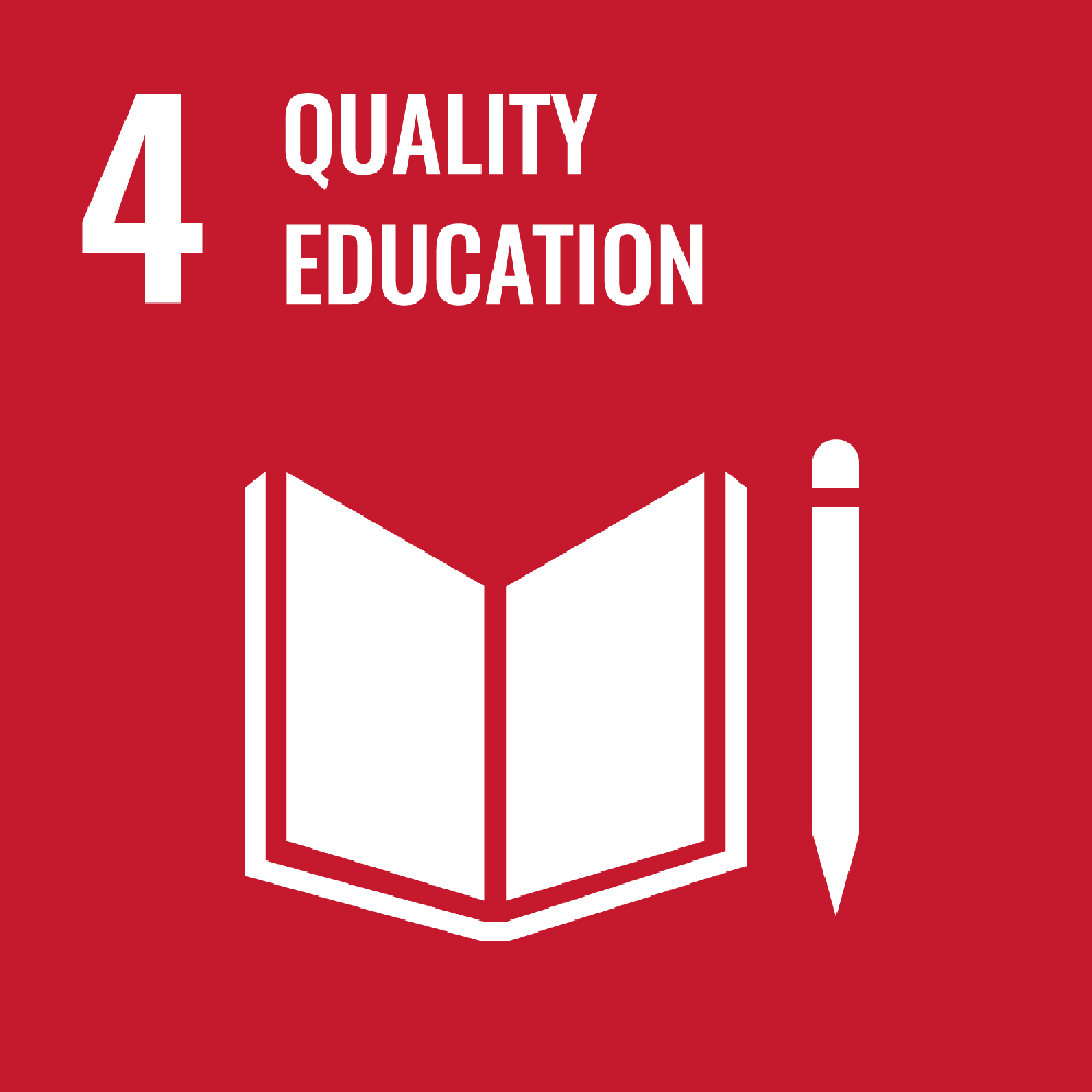 Objetivo ODS 4 educación de calidad con un libro y un lápiz sobre un fondo rojo.
