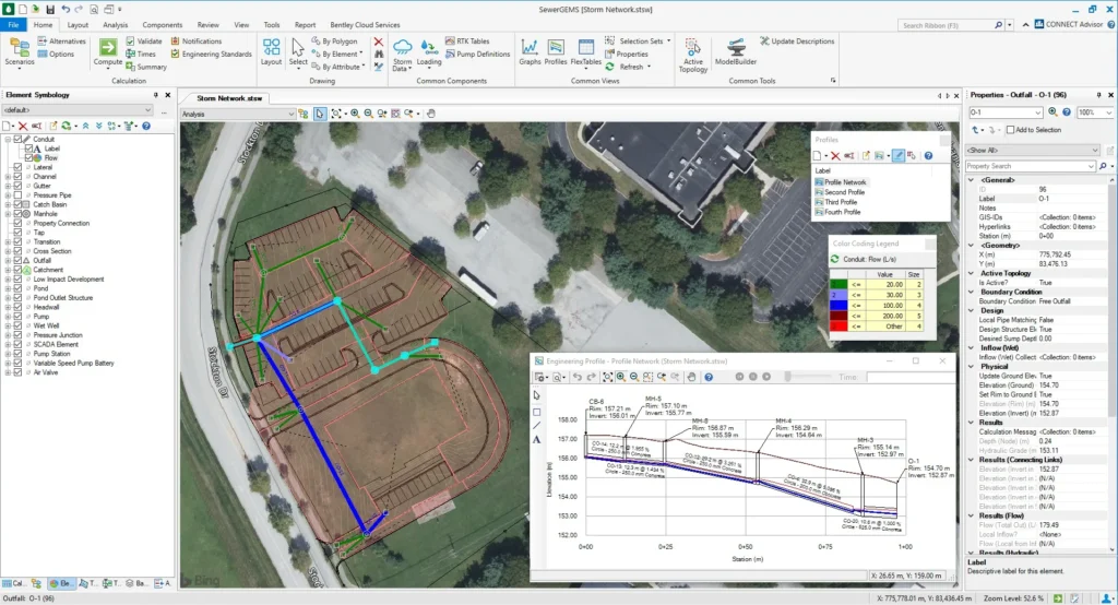 Aerial view of a construction site plan superimposed on a satellite image with detailed OpenFlows SewerGEMS software interface visible.