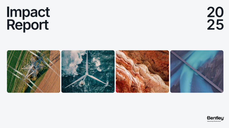 Cover of Bentley's 2025 Impact Report featuring aerial photos of power lines, wind turbines, natural rock formations, and a river with a bridge.