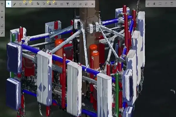 A 3D model of an industrial or mechanical structure with rectangular panels, cylindrical components, and connecting rods, designed to showcase advanced infrastructure AI integration.