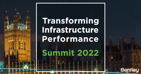 Texto sobreposto à imagem de uma cidade que diz "Transforming Infrastructure Performance Summit" (Cúpula 2022 sobre a transformação do desempenho da infraestrutura)