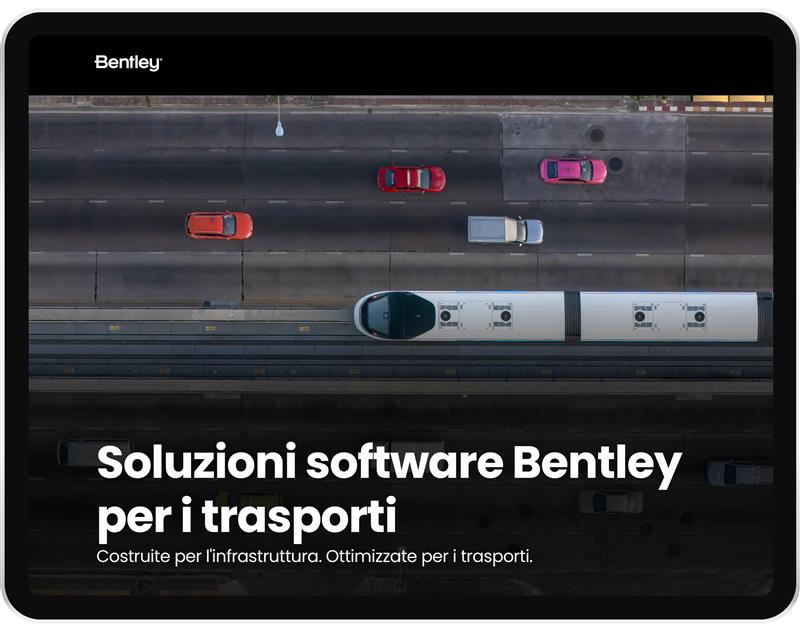 Aerial view of cars and a train on parallel roads, highlighting come le infrastrutture di trasporto possano accelerare il delivery digitale, with the text "Soluzioni software Bentley per i trasporti" displayed at the bottom.