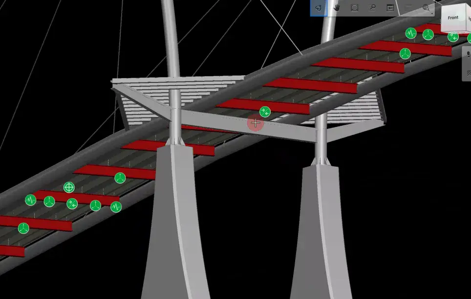 3D model of a bridge section showing red beams, green markers, two support towers, and suspension cables against a black background.