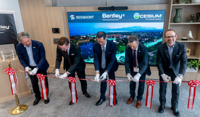Ribbon cutting event at Bentley Systems’ new office in Tokyo, Japan, L to R: Keishi Kono, general manager, Bentley Systems Japan; Anatolii Ast, Regional Director, Bentley Systems Japan; James Lee, Bentley System’s Chief Operating Officer; Graham Grant, CEO Seequent; and Patrick Cozzi, Bentley System’s Chief Platform Officer. Image courtesy of Bentley Systems.