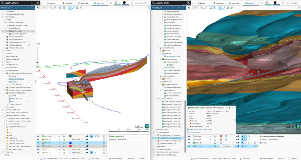 Split screen showing 3D geological modeling software; left side displays subsurface layers and measurements, right side shows layered geological formations with a data pop-up window.
