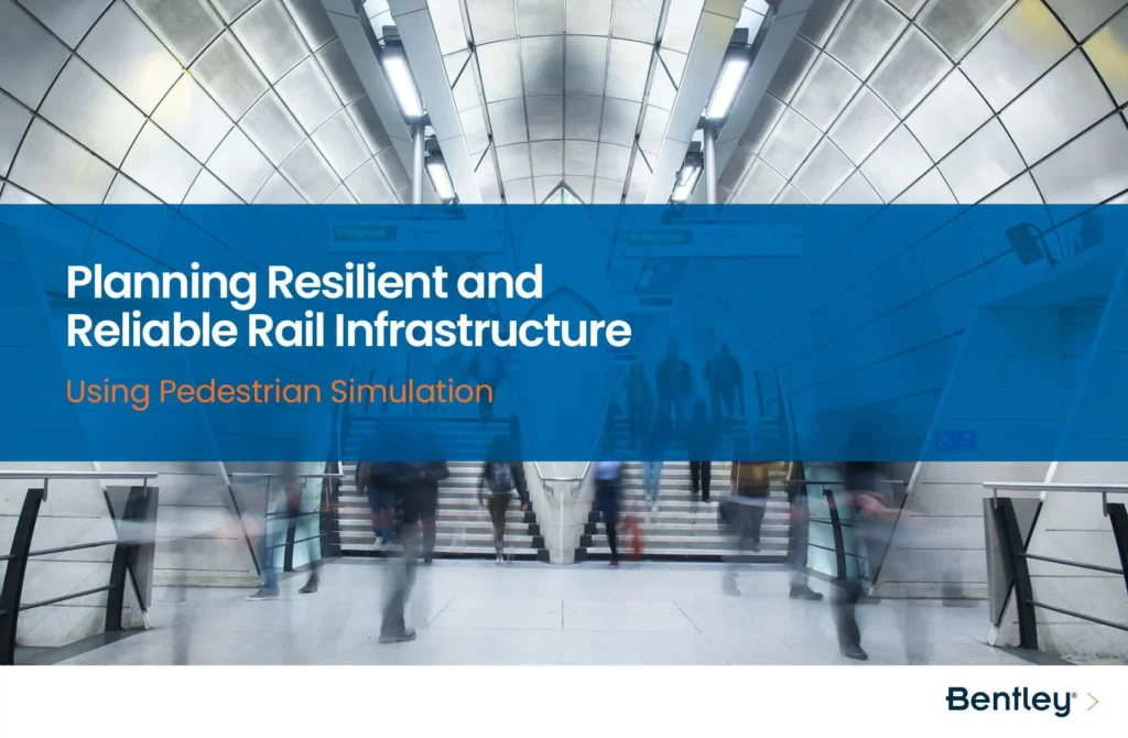 A conceptual image representing pedestrian flow in a modern subway station with the text "Planning resilient rail infrastructure using pedestrian simulation.