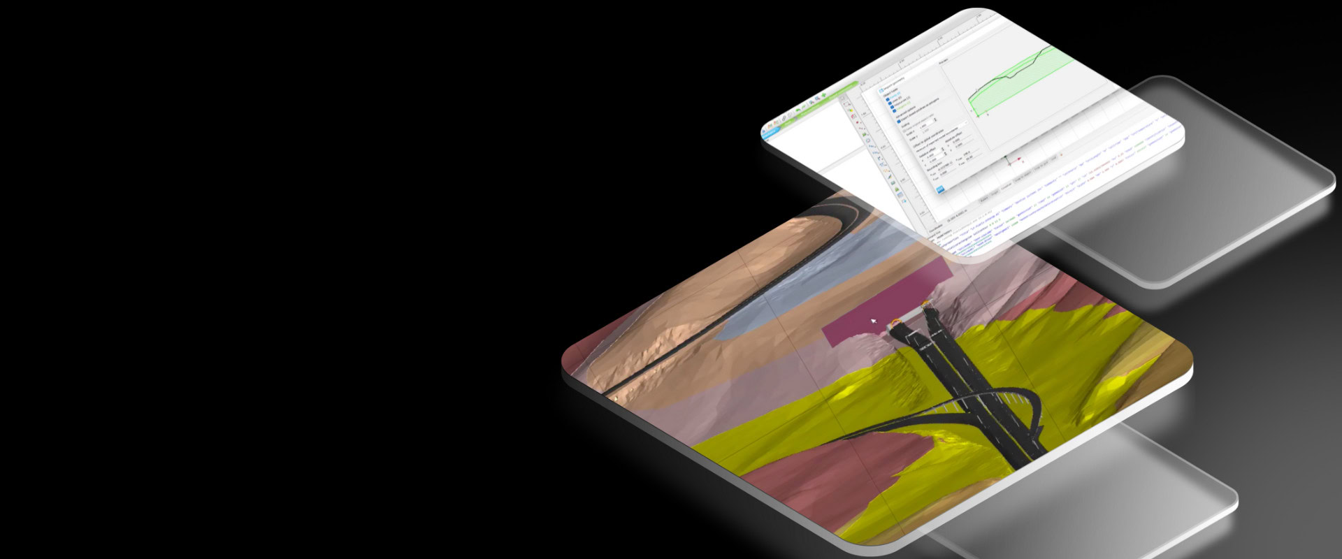 Two floating rectangular panels: one displays a computer graph and code related to 3D Geological Modeling, the other shows an abstract painting with bold colors; both set against a black background.