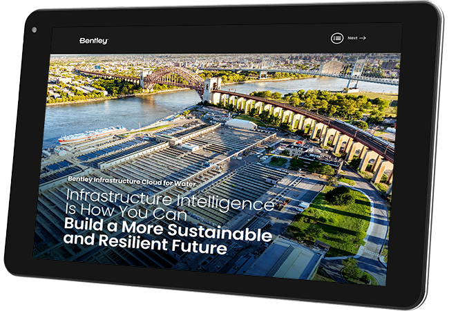 A tablet screen showcases an aerial view of a river, bridge, and water treatment facility, accompanied by insights on sustainable infrastructure and resilience through the lens of Bentley Infrastructure Cloud.