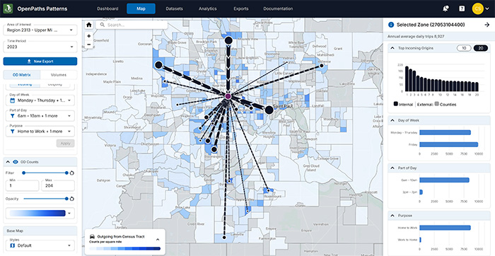 A data dashboard displays a city map with lines radiating from a central point, revealing movement Patterns through OpenPaths, along with data visualizations, charts, and filters on the surrounding interface.