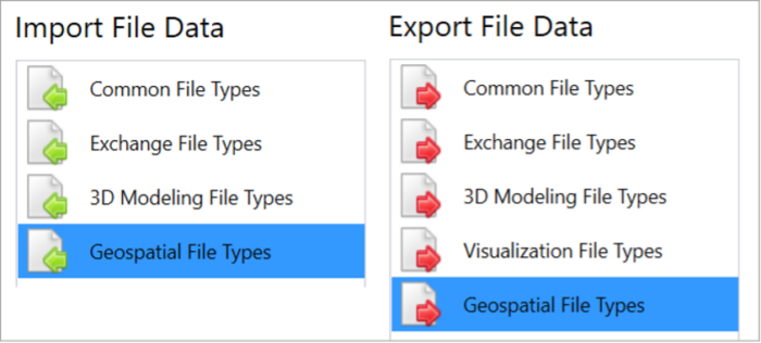 Screenshot of a software interface showing "Import File Data" and "Export File Data" sections, each with file type categories including "Common File Types," "Exchange File Types," and more.