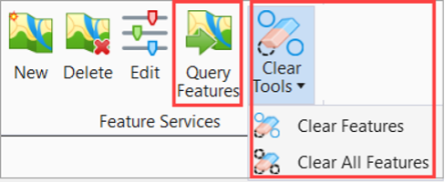 A software toolbar with icons for 'New,' 'Delete,' 'Edit,' 'Query Features,' and 'Clear Tools' submenu showing 'Clear Features' and 'Clear All Features.'.