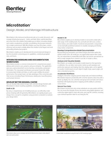 Promo for Bentley MicroStation software showcasing its infrastructure design, modeling, and management features with two images at the bottom illustrating 3D modeling capabilities. Don't forget to check the Product Data Sheet for detailed specifications and benefits.