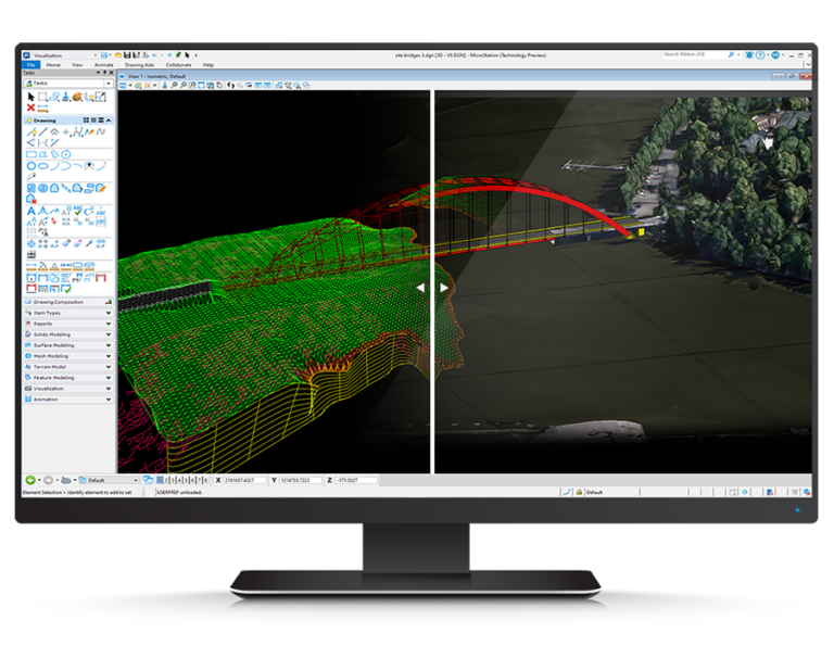 Computer monitor displaying a 3D modeling software interface. The image shows a split view of a bridge design, with a wireframe model on the left and a realistic rendering on the right.