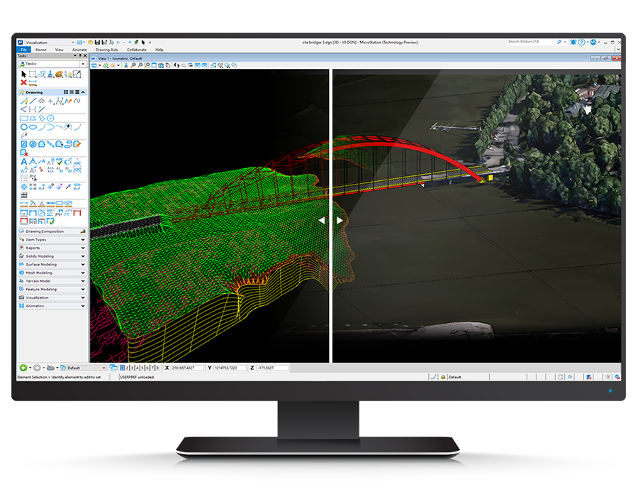Computer monitor displaying a 3D modeling software interface. The image shows a split view of a bridge design, with a wireframe model on the left and a realistic rendering on the right.
