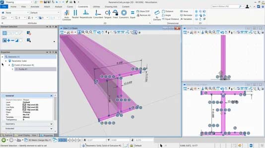 A computer screen displaying a CAD software interface with three views of a purple structural beam and its dimensions, along with various toolbars and property panels, exemplifies how MicroStation enhances design precision in manufacturing plants.