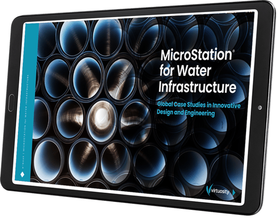 Tablet displaying the cover of an e-book titled "MicroStation for Water Infrastructure: Global Case Studies in Innovative Design and Engineering" with an image of water infrastructure pipes.