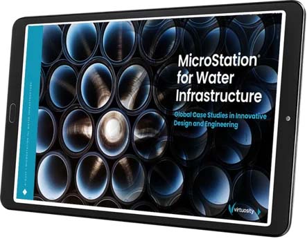 Tablet displaying the cover of "MicroStation for Water Infrastructure," featuring an image of pipes and the subtitle "Global Case Studies in Innovative Design and Engineering with MicroStation CAD.