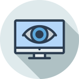 Computer monitor displaying a stylized graphic of a blue eye, symbolizing surveillance or digital security related to offshore oil & gas, on a simple grey background.