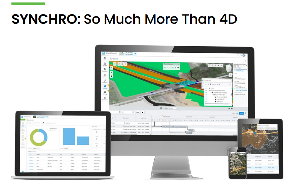 A display of SYNCHRO More Than 4D software across devices: a desktop showing a construction project, a laptop with graphs, and a tablet with maps.