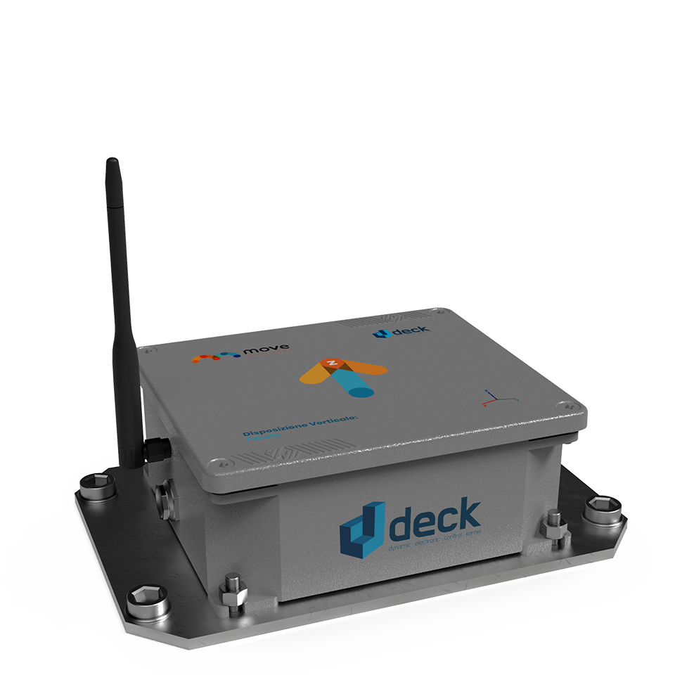 A rectangular metal electronic device with an antenna, labeled "deck," mounted on a flat base with bolts. The top has additional logos and symbols.
