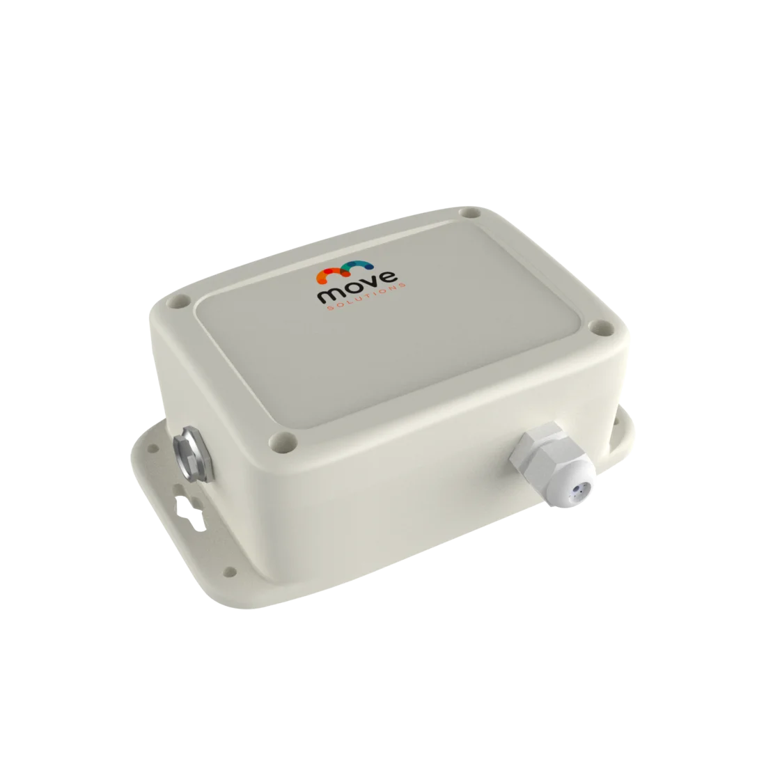 A rectangular white electronic device with a logo reading "move solutions" on the lid, featuring cable connectors on the side.
