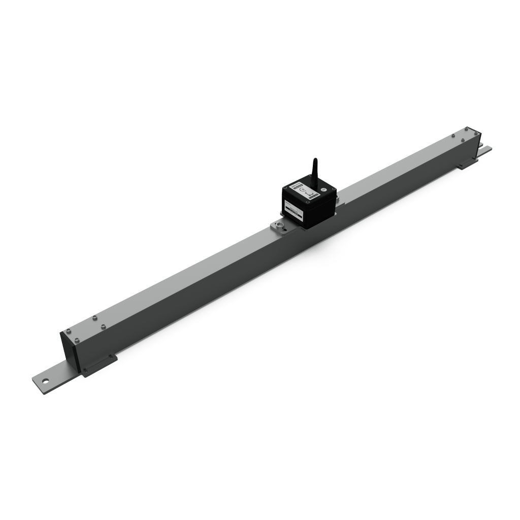 A metal linear rail with a mounted black electronic device in the center, set against a plain white background.