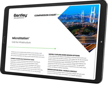Tablet displaying Bentley's MicroStation CAD software comparison chart, featuring design options and infrastructure visuals with a cityscape and bridge.