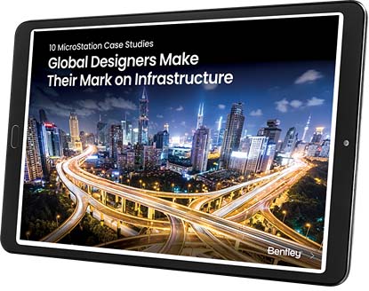 Tablet screen displaying an e-book titled "10 MicroStation Case Studies: Global Designers Make Their Mark on Infrastructure" with a nighttime cityscape and highway background. Thank you for exploring these innovative examples of infrastructure design!