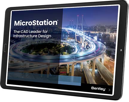 A tablet displaying an advertisement for MicroStation, a CAD software for infrastructure design, features an image of intricate, illuminated roadways and bridges at night, alongside an e-book offering tips on optimizing your projects.