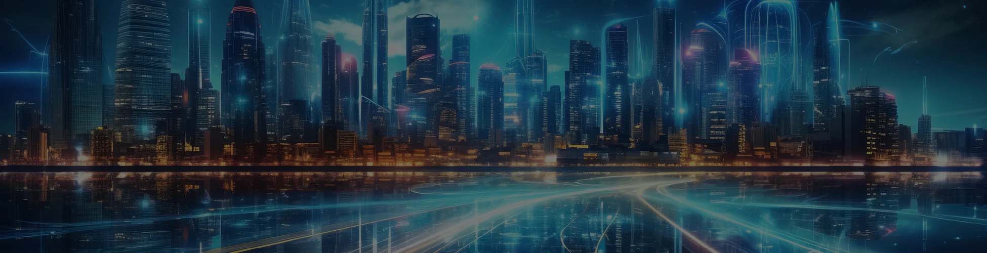 A futuristic cityscape with neon lights, tall skyscrapers, and digital effects overlaid, depicting intertwined light trails in the foreground — a perfect backdrop for your next e-book cover.