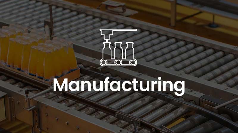 An assembly line with bottles of yellow liquid and the word "Manufacturing" overlaid with an icon depicting factory production.